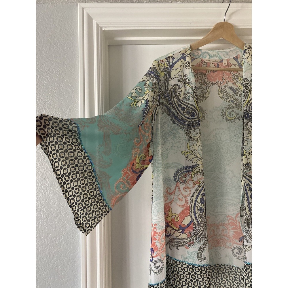Soft Surroundings Muse Printed Kimono‎ Small Sheer Pastels Sequined 3/4 Sleeve S - Picture 2 of 7